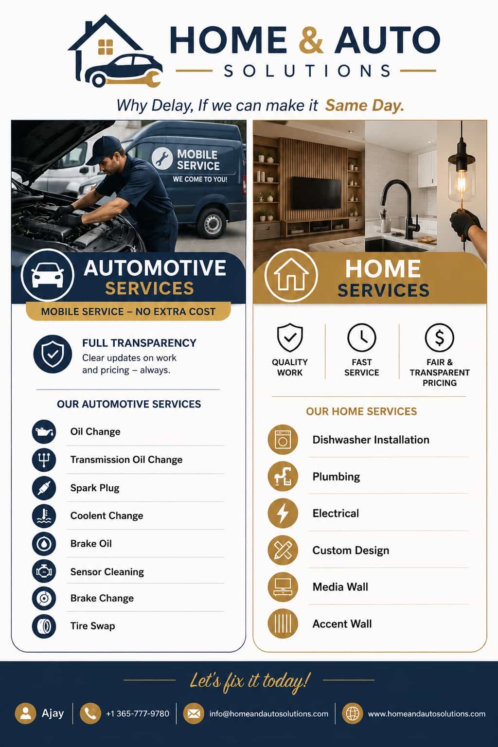 Home & Auto Solutions service pamphlet showing automotive services and home services