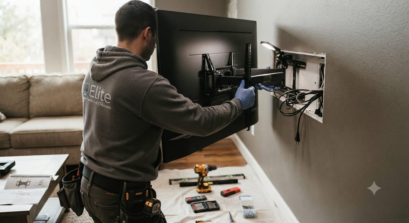 Television being mounted on a wall with tools and wiring visible